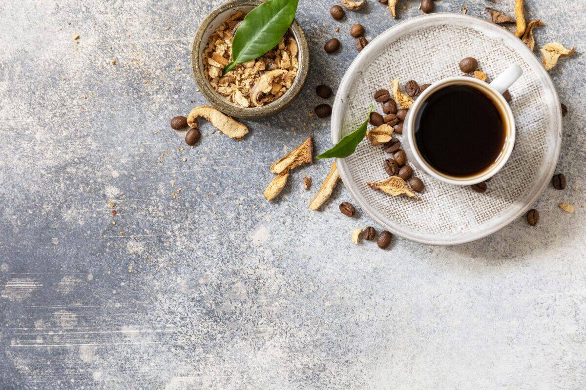 Healthy organic energizing adaptogen, trendy drink. Mushroom coffee.