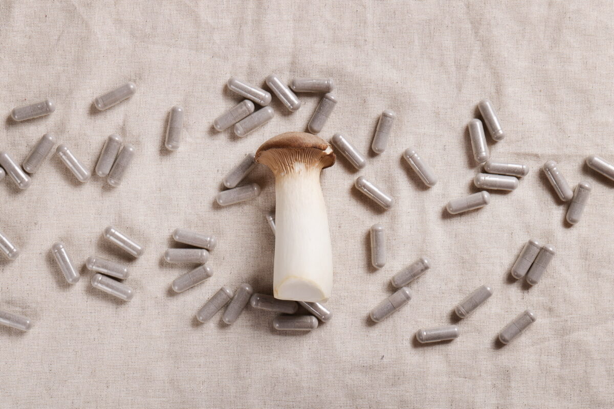 mushroom and natural herbal pills on textile gray background. environmental friendly