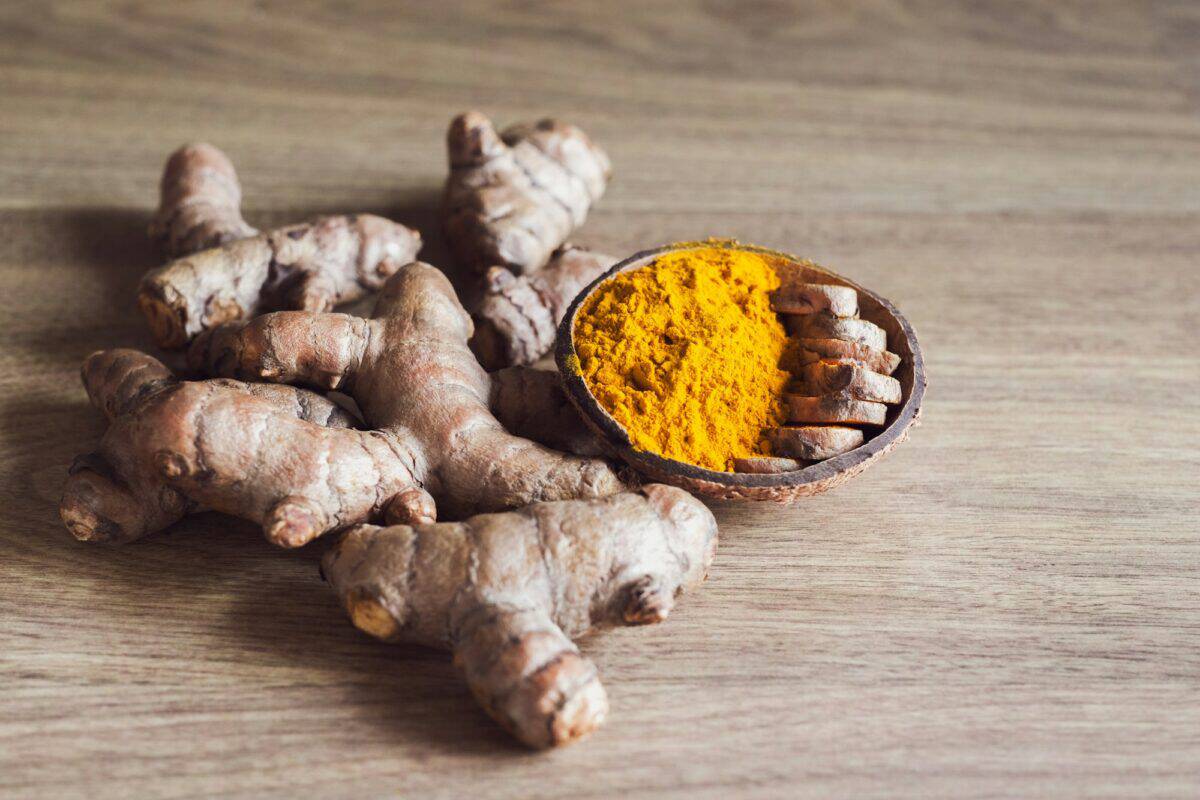 Raw organic orange turmeric root and powder on wooden background. Indian oriental low cholesterol